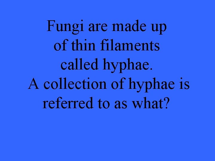 Fungi are made up of thin filaments called hyphae. A collection of hyphae is