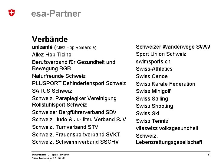 esa-Partner Verbände unisanté (Allez Hop Romandie) Allez Hop Ticino Berufsverband für Gesundheit und Bewegung