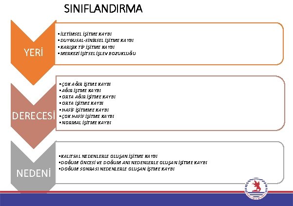 SINIFLANDIRMA YERİ DERECESİ NEDENİ • İLETİMSEL İŞİTME KAYBI • DUYGUSAL-SİNİRSEL İŞİTME KAYBI • KARIŞIK