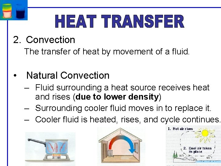 2. Convection The transfer of heat by movement of a fluid. • Natural Convection