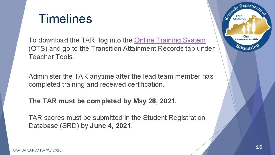 Timelines To download the TAR, log into the Online Training System (OTS) and go