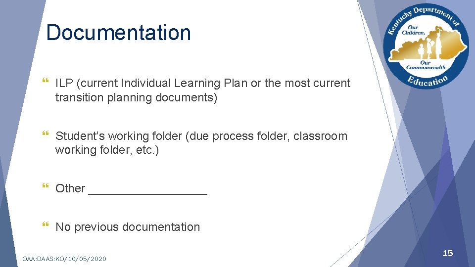 Documentation } ILP (current Individual Learning Plan or the most current transition planning documents)