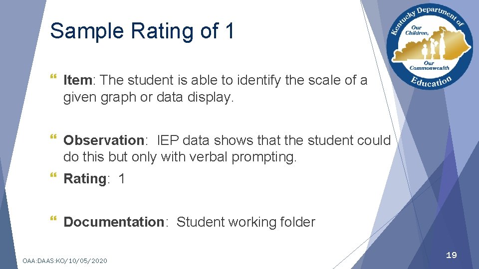 Sample Rating of 1 } Item: The student is able to identify the scale