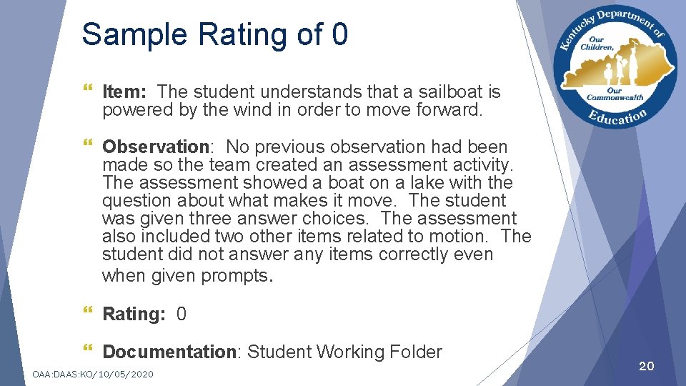 Sample Rating of 0 } Item: The student understands that a sailboat is powered
