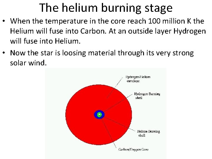 The helium burning stage • When the temperature in the core reach 100 million