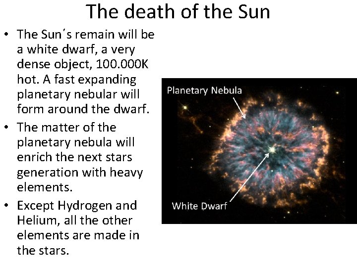 The death of the Sun • The Sun΄s remain will be a white dwarf,