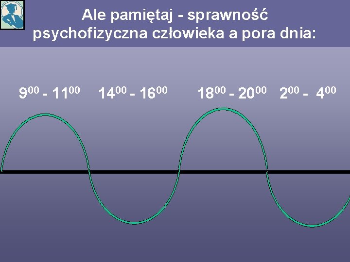 Ale pamiętaj - sprawność psychofizyczna człowieka a pora dnia: 900 - 1100 1400 -