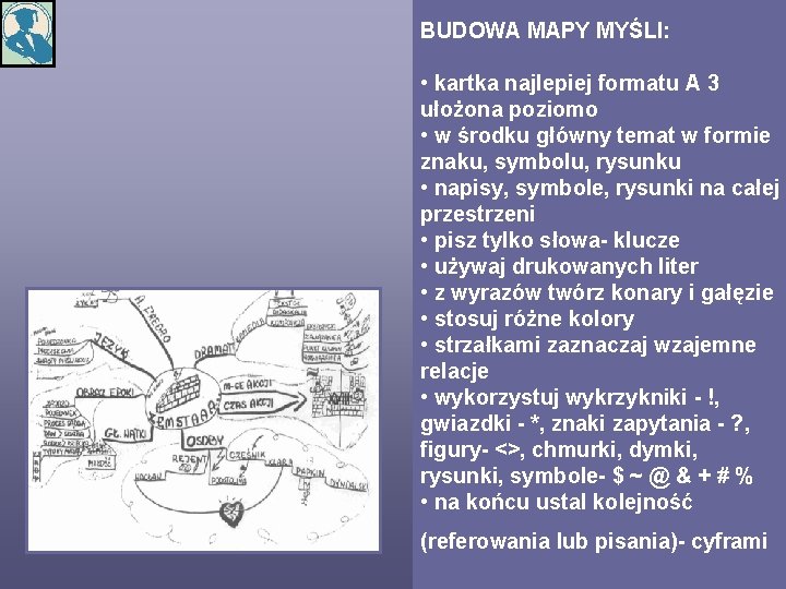 BUDOWA MAPY MYŚLI: • kartka najlepiej formatu A 3 ułożona poziomo • w środku