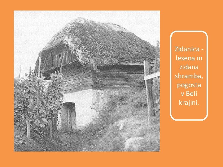 Zidanica lesena in zidana shramba, pogosta v Beli krajini. 