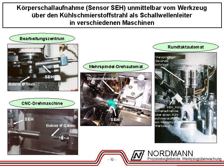 Körperschallaufnahme (Sensor SEH) unmittelbar vom Werkzeug über den Kühlschmierstoffstrahl als Schallwellenleiter in verschiedenen Maschinen