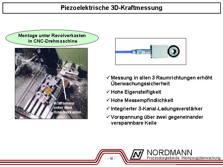 Piezoelektrische 3 D-Kraftmessung Montage unter Revolverkasten in CNC-Drehmaschine ü Messung in allen 3 Raumrichtungen