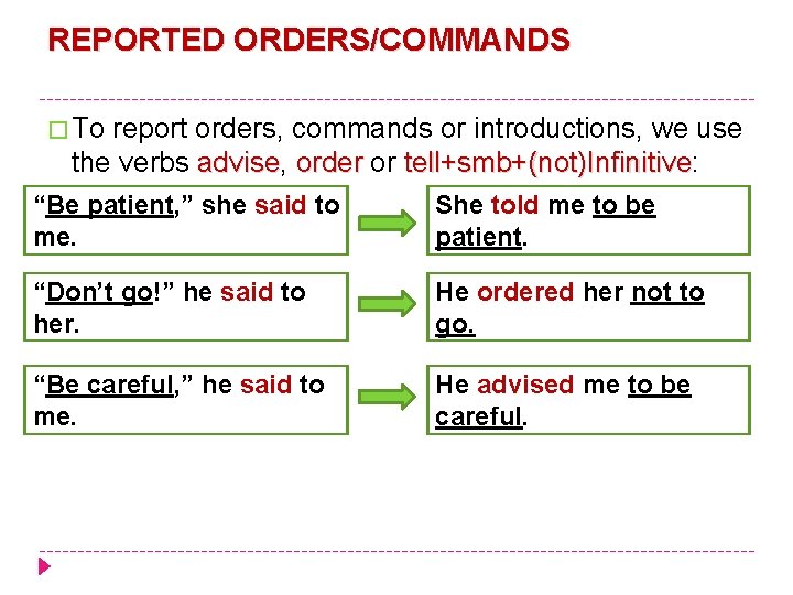 REPORTED ORDERS/COMMANDS � To report orders, commands or introductions, we use the verbs advise,