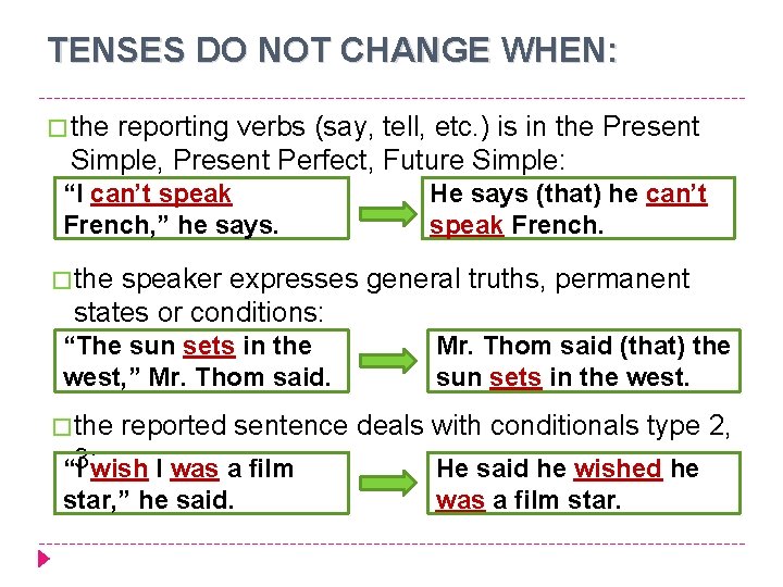TENSES DO NOT CHANGE WHEN: � the reporting verbs (say, tell, etc. ) is