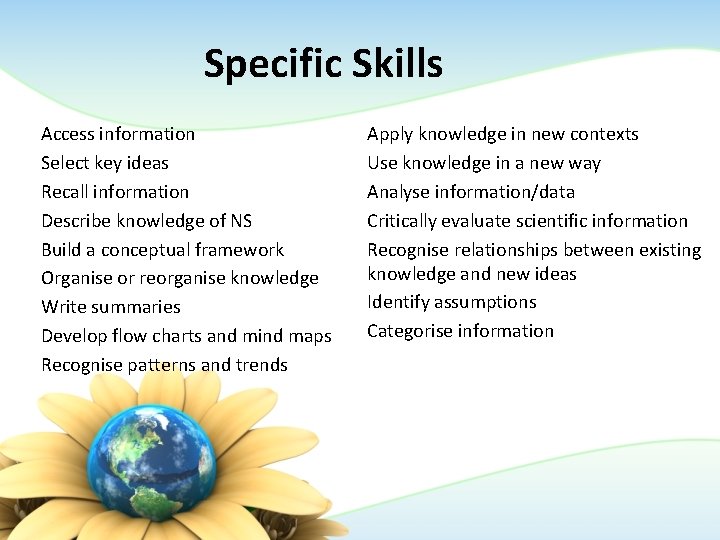 Specific Skills Access information Select key ideas Recall information Describe knowledge of NS Build