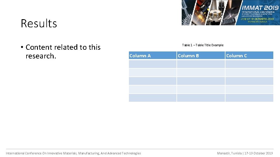 Results • Content related to this research. Table 1 – Table Title Example Column