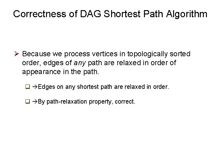 Correctness of DAG Shortest Path Algorithm Ø Because we process vertices in topologically sorted