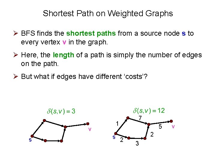 Shortest Path on Weighted Graphs Ø BFS finds the shortest paths from a source