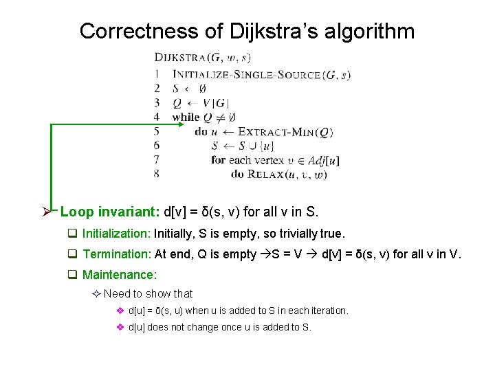 Correctness of Dijkstra’s algorithm Ø Loop invariant: d[v] = δ(s, v) for all v