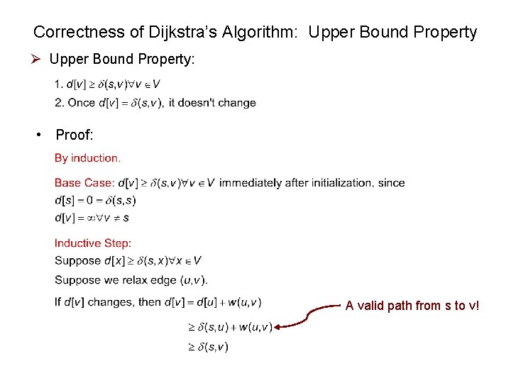 Correctness of Dijkstra’s Algorithm: Upper Bound Property Ø Upper Bound Property: • Proof: A