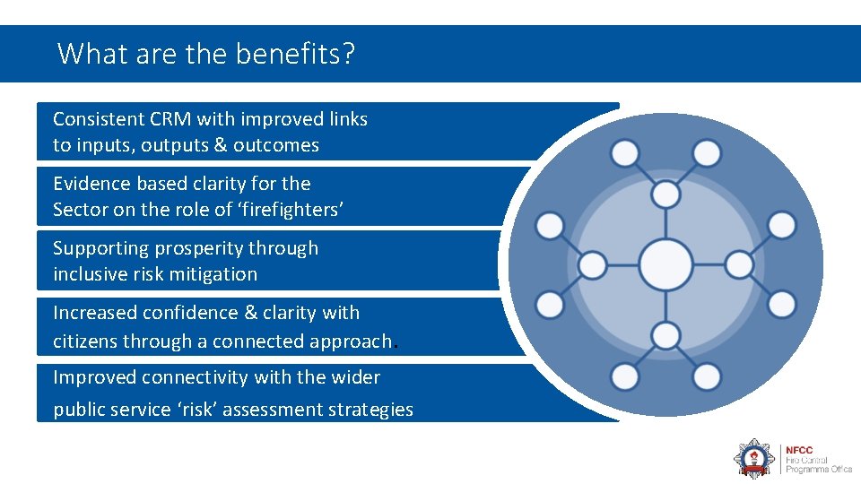 What are the benefits? Consistent CRM with improved links to inputs, outputs & outcomes