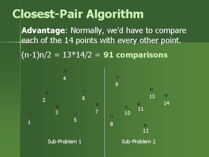 Closest-Pair Algorithm Advantage: Normally, we’d have to compare each of the 14 points with