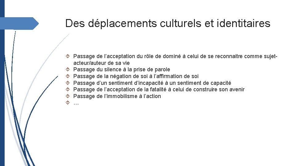 Des déplacements culturels et identitaires Passage de l’acceptation du rôle de dominé à celui