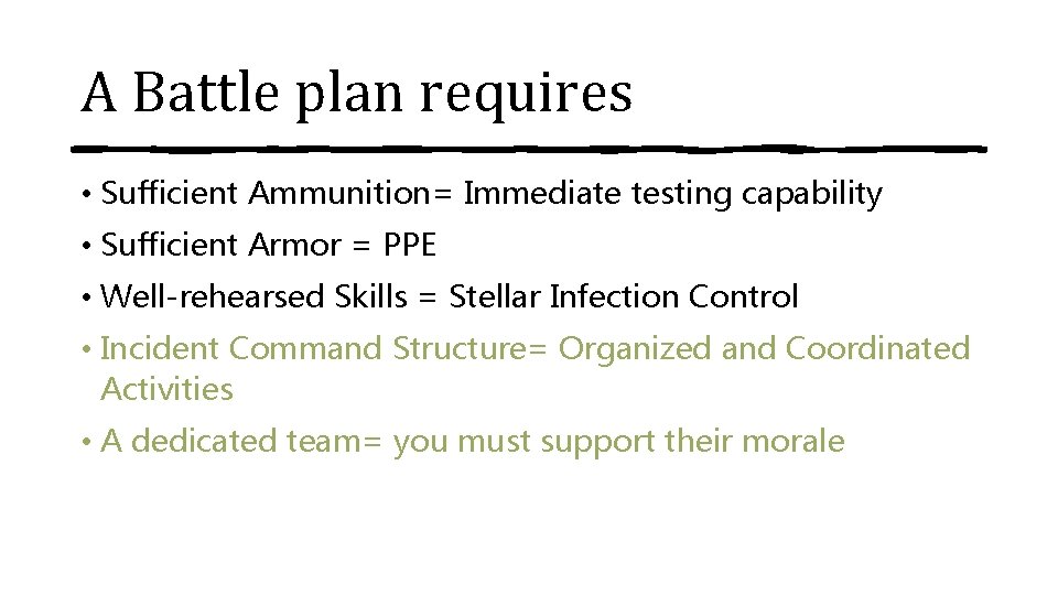 A Battle plan requires • Sufficient Ammunition= Immediate testing capability • Sufficient Armor =