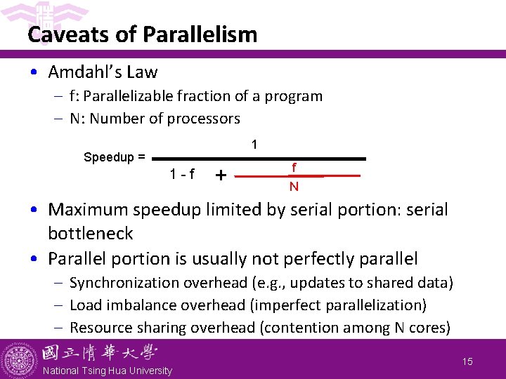 Caveats of Parallelism • Amdahl’s Law - f: Parallelizable fraction of a program -