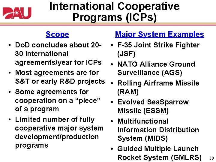 International Cooperative Programs (ICPs) Scope • Do. D concludes about 2030 international agreements/year for