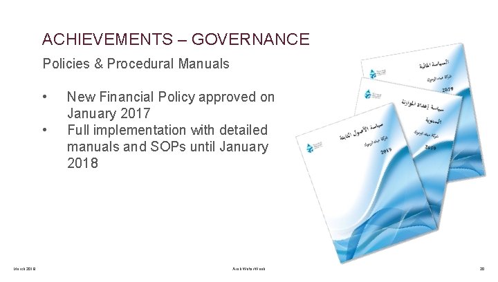 ACHIEVEMENTS – GOVERNANCE Policies & Procedural Manuals • • March 2019 New Financial Policy