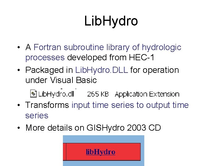 Lib. Hydro • A Fortran subroutine library of hydrologic processes developed from HEC-1 •