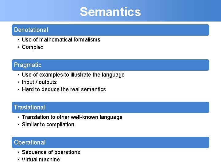 Semantics Denotational • Use of mathematical formalisms • Complex Pragmatic • Use of examples