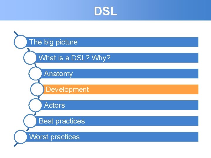 DSL The big picture What is a DSL? Why? Anatomy Development Actors Best practices