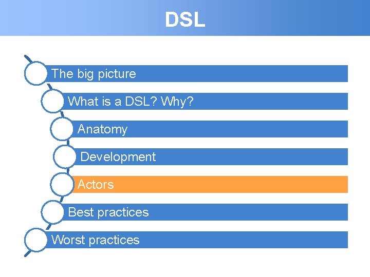 DSL The big picture What is a DSL? Why? Anatomy Development Actors Best practices