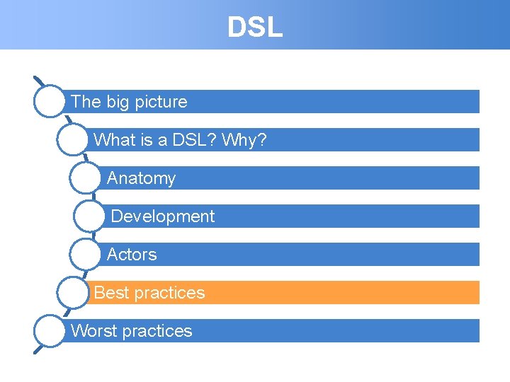 DSL The big picture What is a DSL? Why? Anatomy Development Actors Best practices