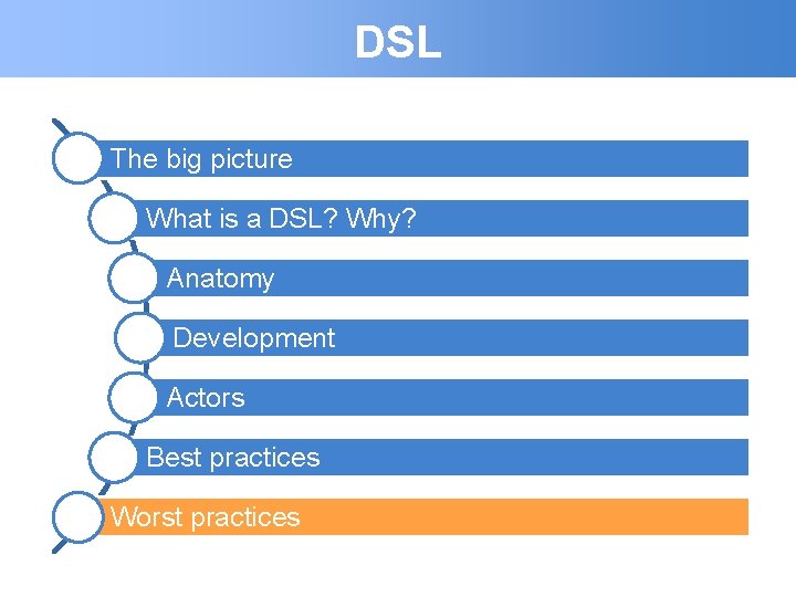 DSL The big picture What is a DSL? Why? Anatomy Development Actors Best practices