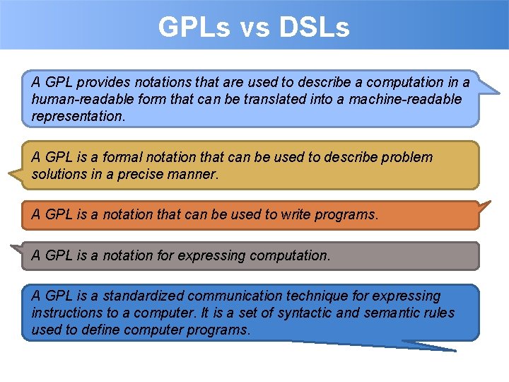 GPLs vs DSLs A GPL provides notations that are used to describe a computation