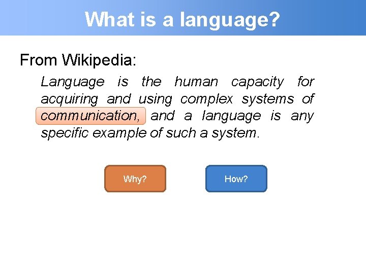 What is a language? From Wikipedia: Language is the human capacity for acquiring and