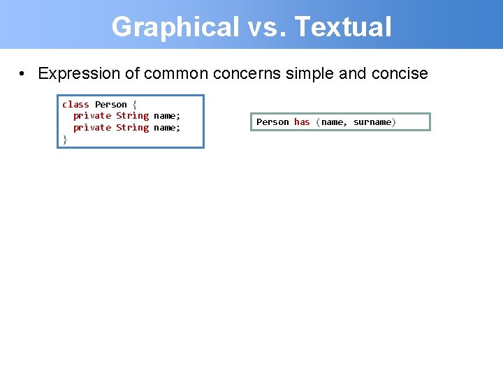 Graphical vs. Textual • Expression of common concerns simple and concise class Person {