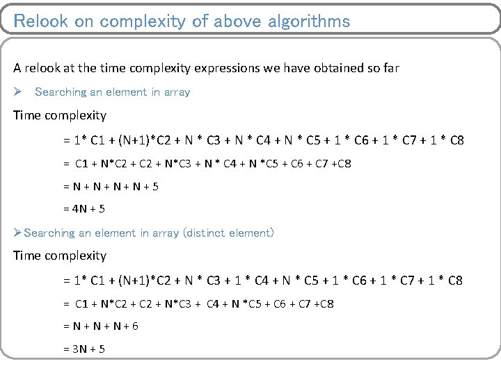 Relook on complexity of above algorithms A relook at the time complexity expressions we