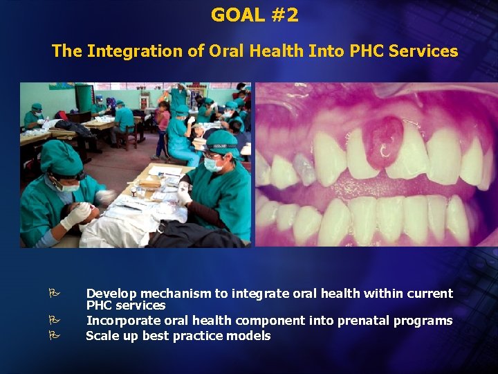 GOAL #2 The Integration of Oral Health Into PHC Services P P P Develop