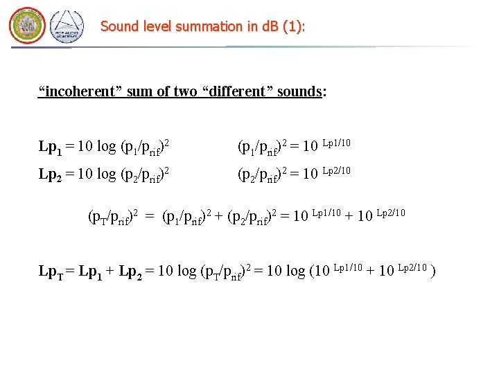 Sound level summation in d. B (1): “incoherent” sum of two “different” sounds: Lp Sound level summation in d. B (1): “incoherent” sum of two “different” sounds: Lp