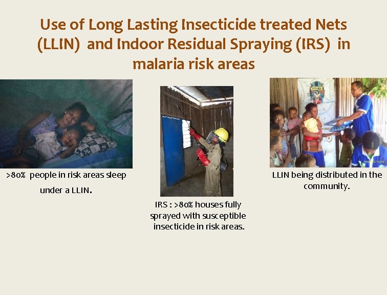 Use of Long Lasting Insecticide treated Nets (LLIN) and Indoor Residual Spraying (IRS) in