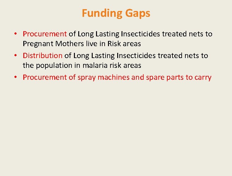 Funding Gaps • Procurement of Long Lasting Insecticides treated nets to Pregnant Mothers live