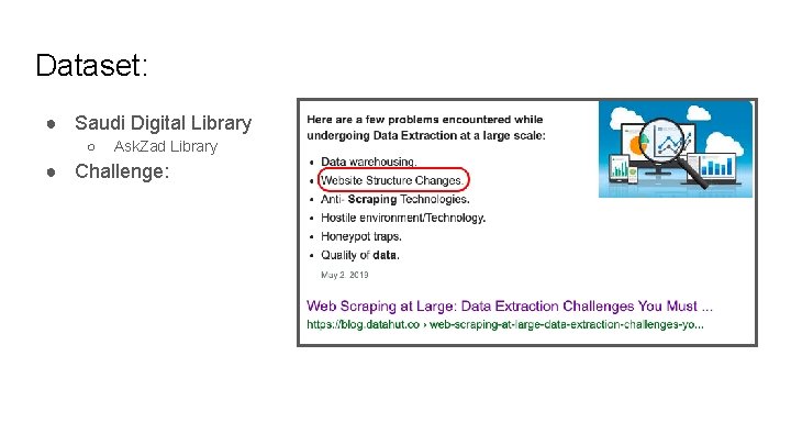 Dataset: ● Saudi Digital Library ○ Ask. Zad Library ● Challenge: 