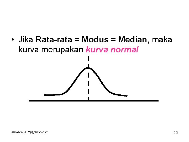  • Jika Rata-rata = Modus = Median, maka kurva merupakan kurva normal sumedana