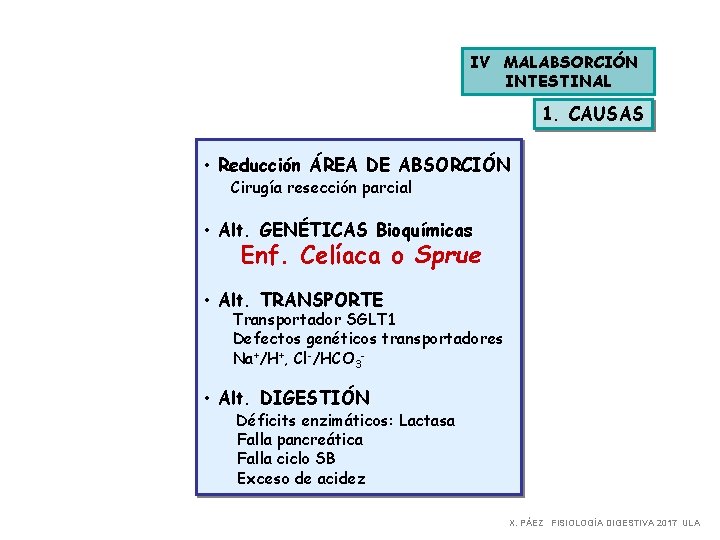 IV MALABSORCIÓN INTESTINAL 1. CAUSAS • Reducción ÁREA DE ABSORCIÓN Cirugía resección parcial •