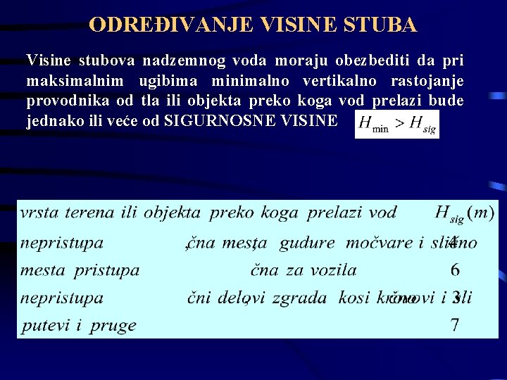 ODREĐIVANJE VISINE STUBA Visine stubova nadzemnog voda moraju obezbediti da pri maksimalnim ugibima minimalno ODREĐIVANJE VISINE STUBA Visine stubova nadzemnog voda moraju obezbediti da pri maksimalnim ugibima minimalno