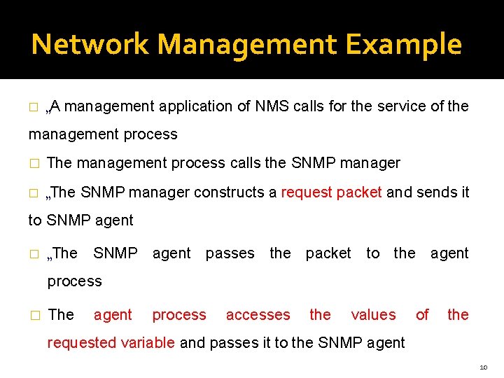 Network Management Example � A management application of NMS calls for the service of