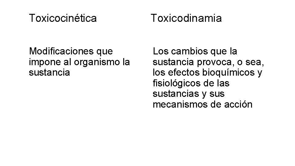 Toxicocinética Toxicodinamia Modificaciones que impone al organismo la sustancia Los cambios que la sustancia Toxicocinética Toxicodinamia Modificaciones que impone al organismo la sustancia Los cambios que la sustancia